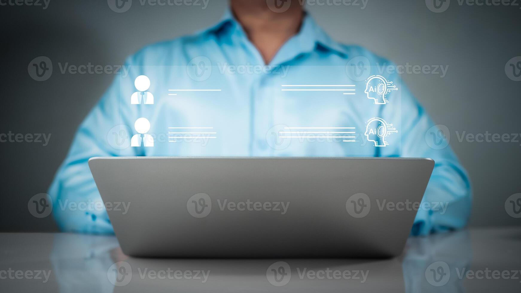 Businessman use computer technology to type live chat with intelligent computer to find information, ask, answer with an artificial intelligence system, chatbot, Ai assistant. photo