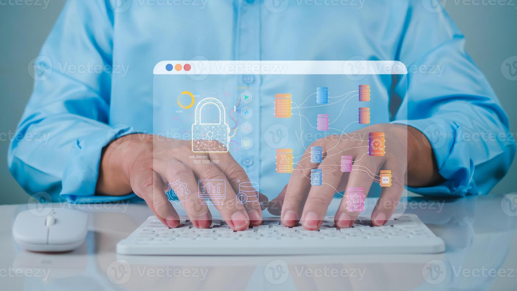 Businessman using computer secure encryption technology, cybersecurity privacy of data protection, security Internet access, security encryption of user private data, business confidentiality. photo