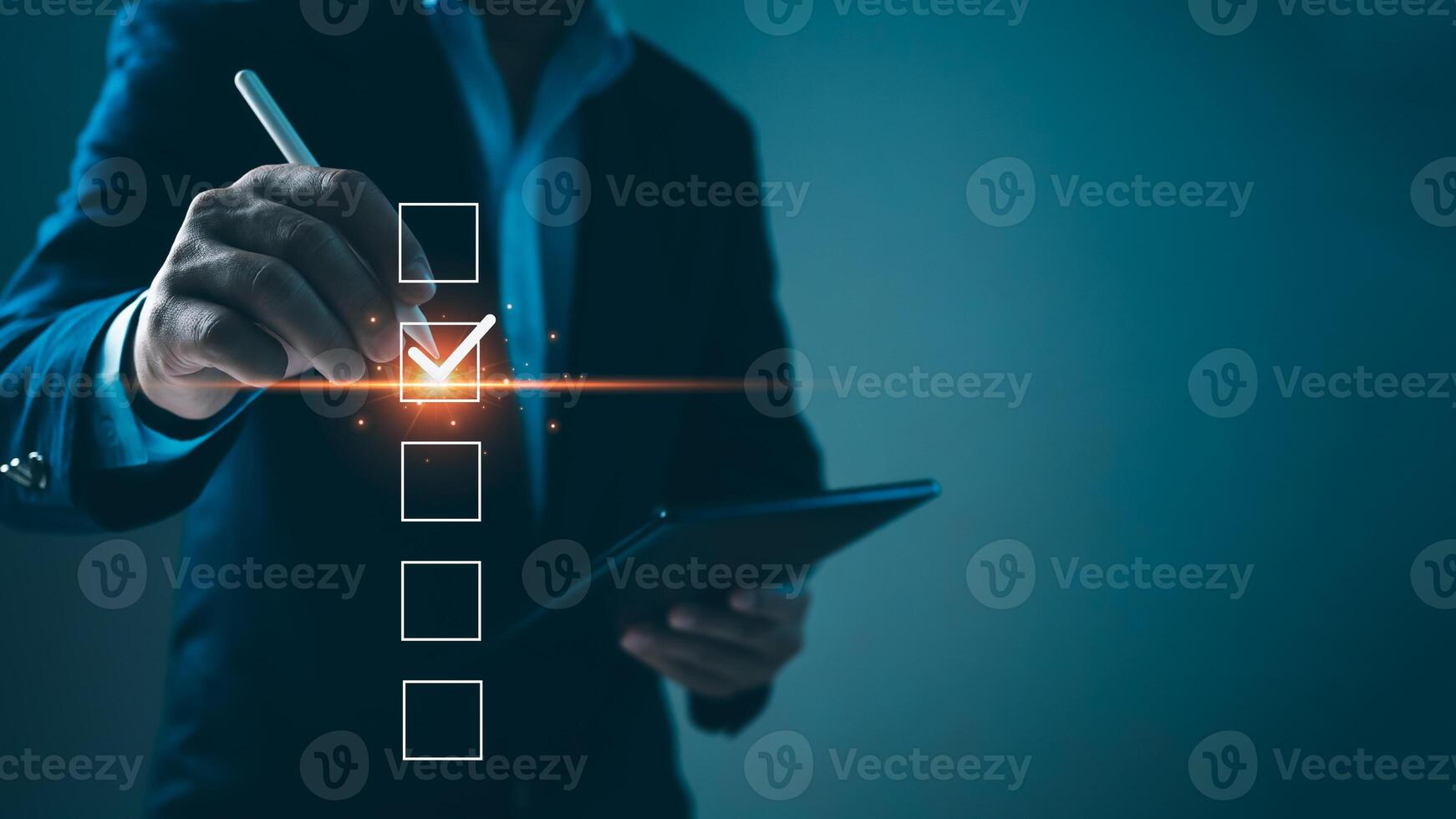 Checklist and filling survey form online. Document management system, DMS. Quality control and accuracy Check, Businessman using tablet online survey filling out, Business performance monitoring. photo