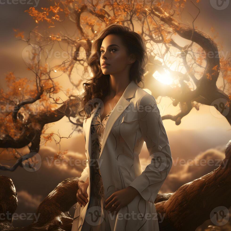 AI generated Portrait of an African Female Doctor in Uniform with Afro Hairstyle against a Tree Branch Background. Generative Ai photo