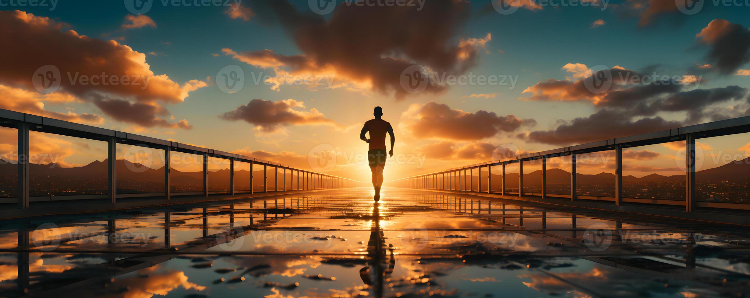 AI generated Silhouette of a Man Running at Sunset or Sunrise. Jogging on the Track. Generative Ai photo