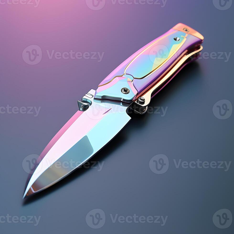 AI generated Colorful Holographic Knife Isolated on Transparent Background. Metallic Dagger. Generative Ai photo