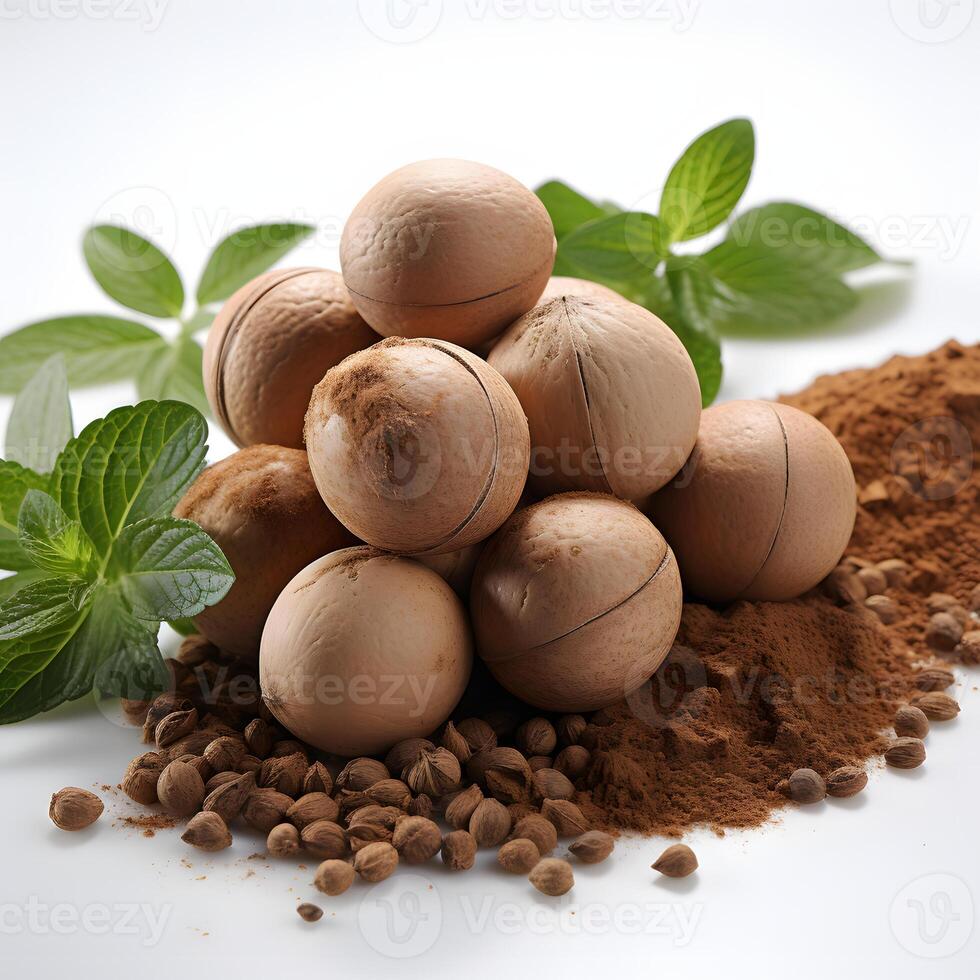 AI generated Pile of Nutmeg Isolated on White Background. Generative Ai photo