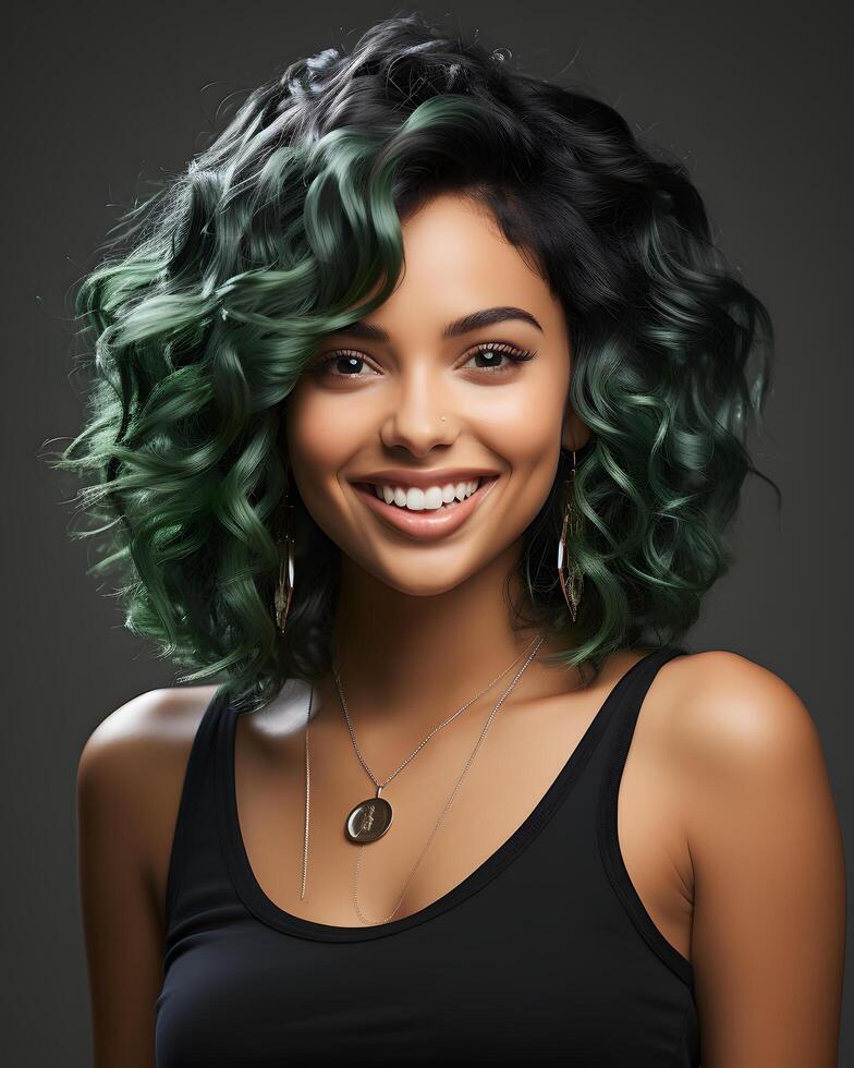 AI generated Portrait of Beautiful African American Woman with Short Curly, Black and Green Ombre Hairstyle on Gray Studio Background. Generative Ai photo