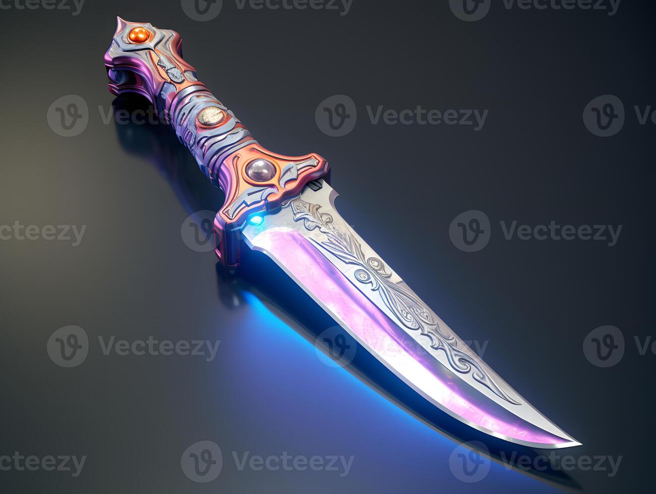 AI generated Colorful Holographic Knife Isolated on Transparent Background. Metallic Dagger. Generative Ai photo