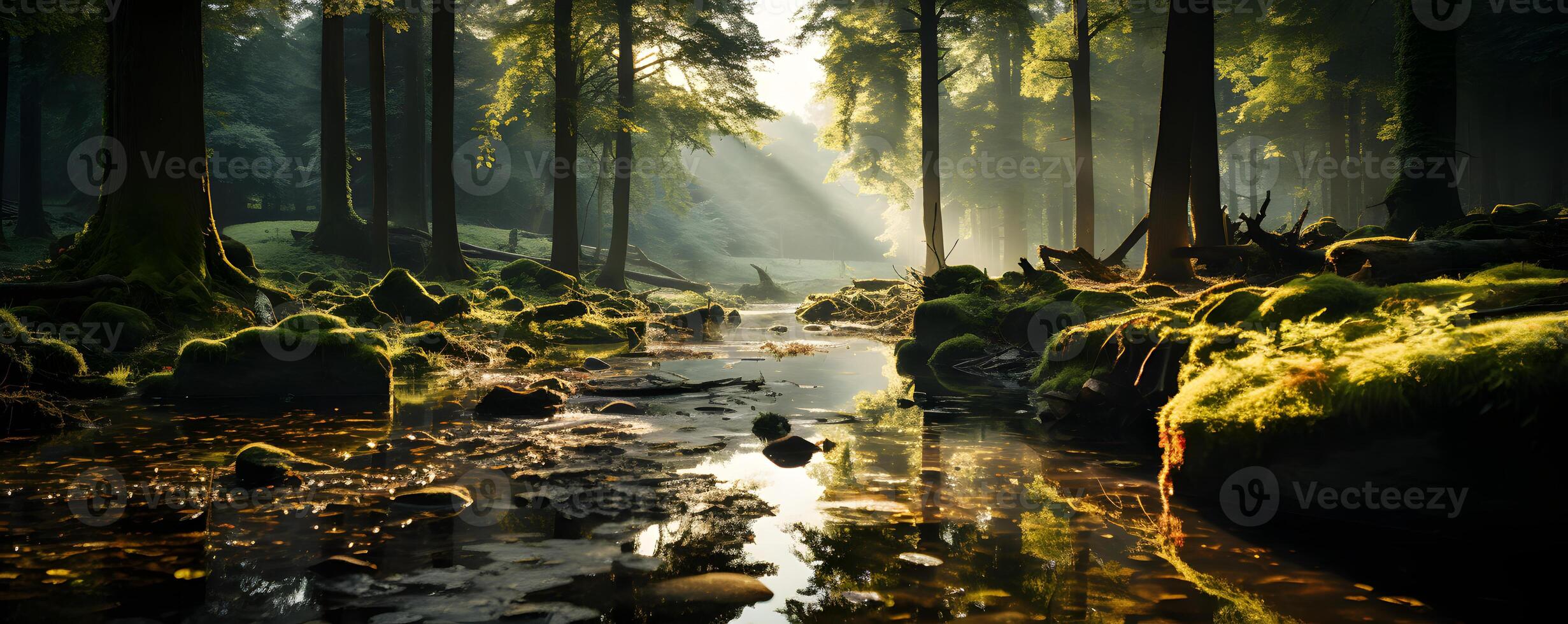 AI generated A Tranquil River in the Middle of the Forest with Penetrating Sunlight. Generative Ai photo