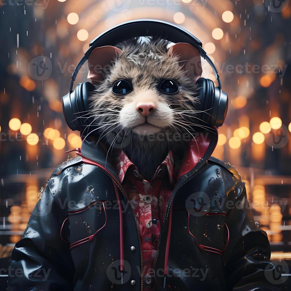 AI generated Cyberpunk Mouse Wearing Jacket and Headphones, While Listening to Music. Cute Mice Illustration. Generative Ai photo