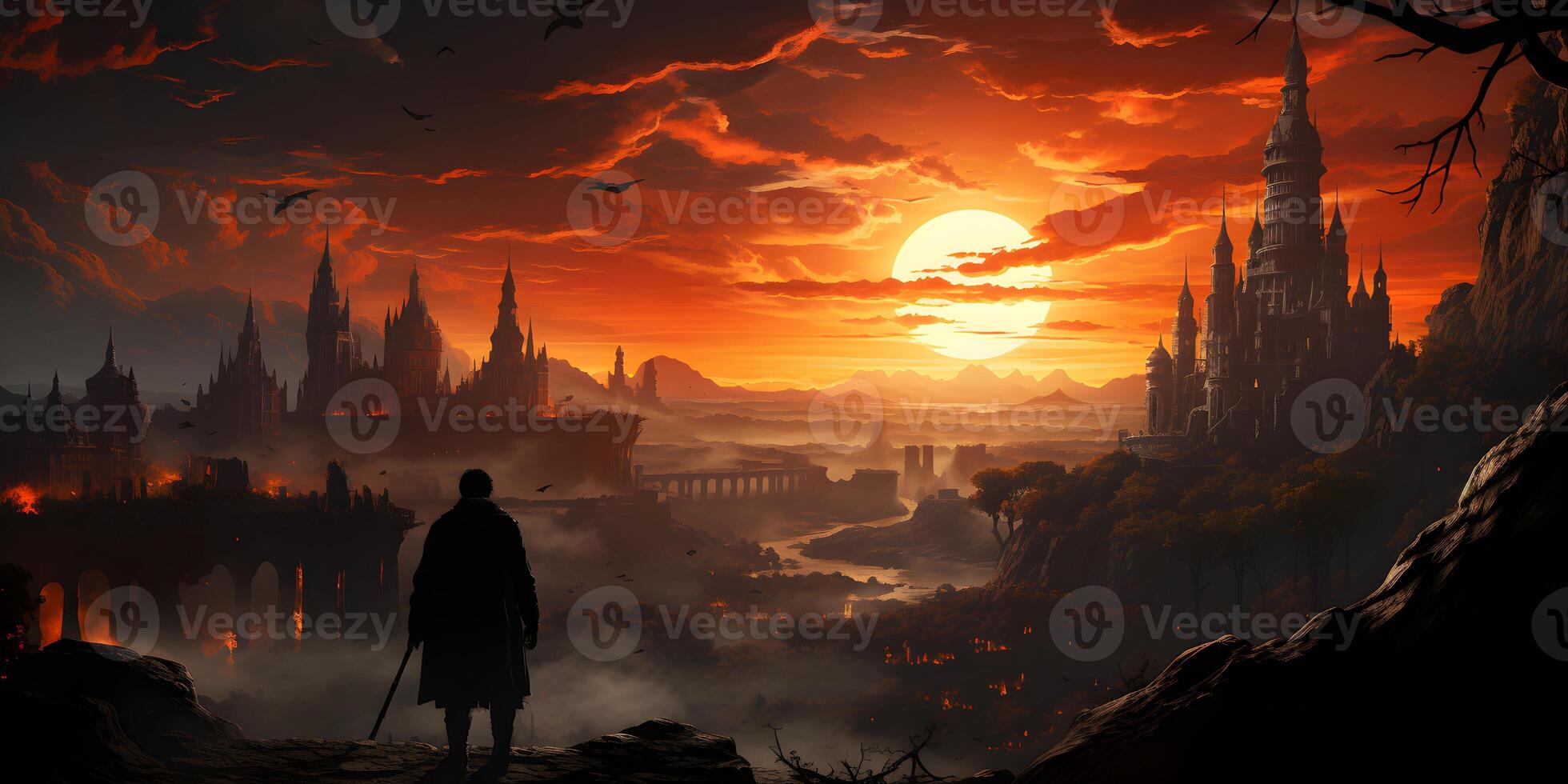 AI generated A Man Stands and Stares at a Castle at Sunset. Generative Ai photo