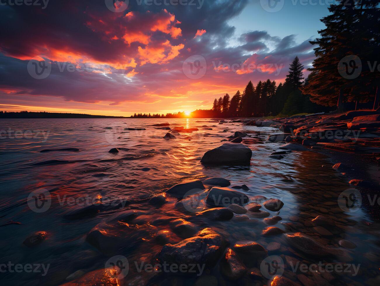 AI generated Beautiful Sunset Panorama Over The Lake and Horizon. Serene Landscape Wallpaper. Generative Ai photo