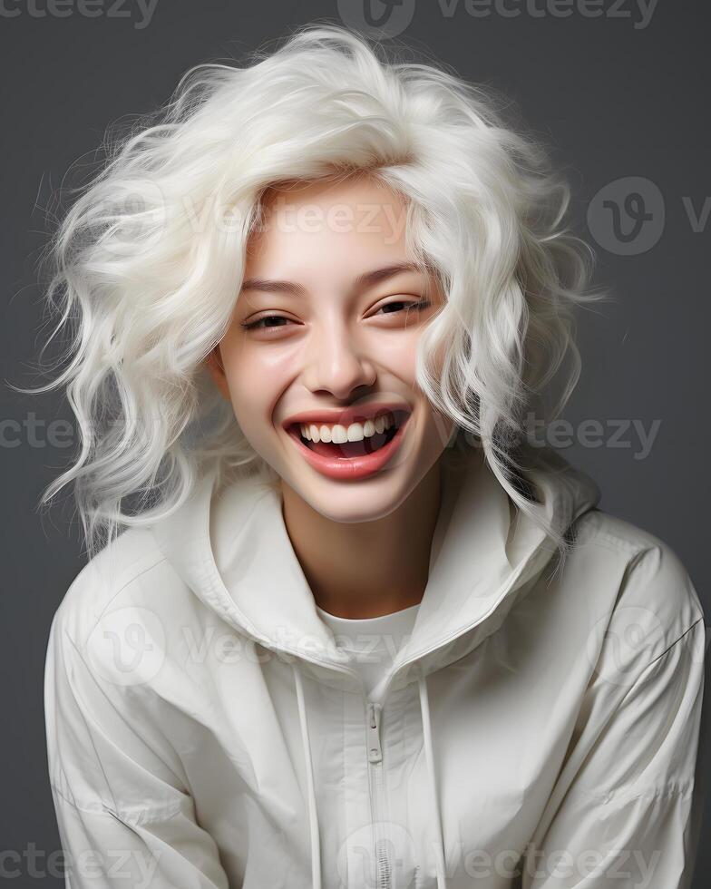 AI generated Young and Beautiful Albino Woman on a Gray Background. Female with Silver Hair. Generative Ai photo