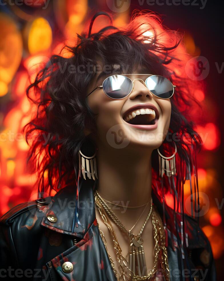 AI generated Smiling Asian Rockstar Woman with Colorful Curly Hair. Model Posing for Photo Shoot. Generative Ai