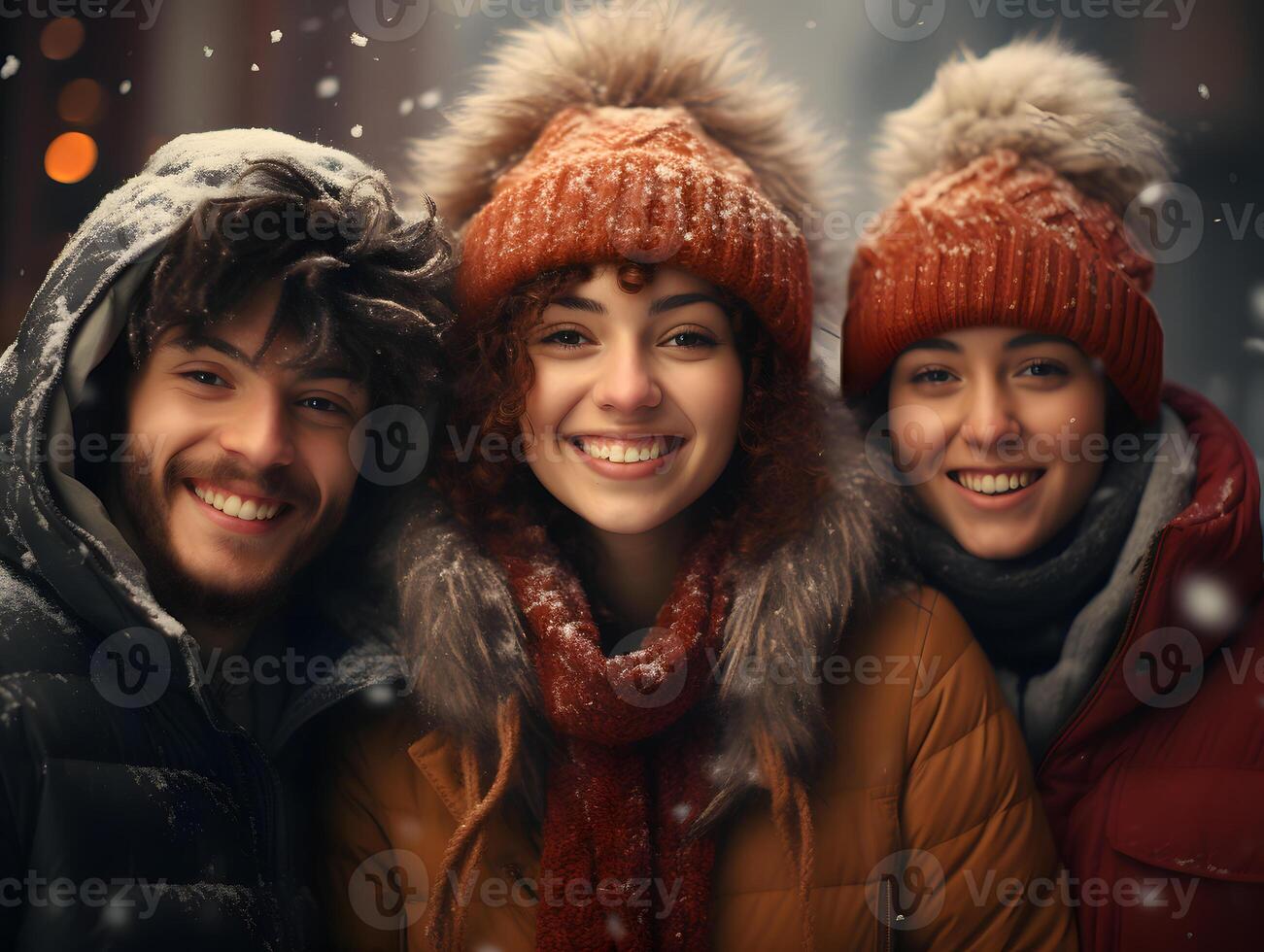 AI generated Happy Multiracial Friends Enjoying Winter Outside. Generative Ai photo