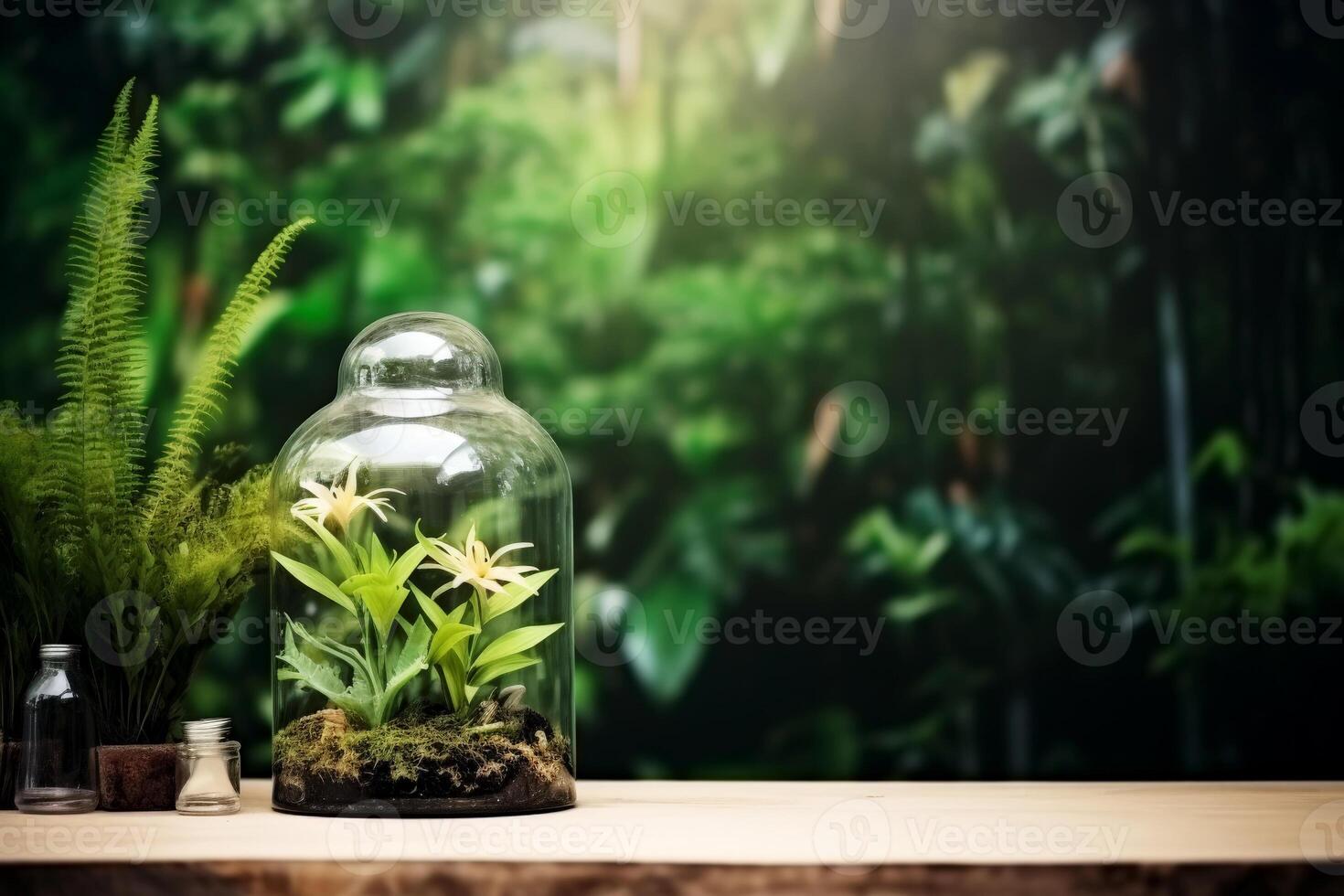 AI generated Green plant in glass on a wooden tabletop . generative ai . photo