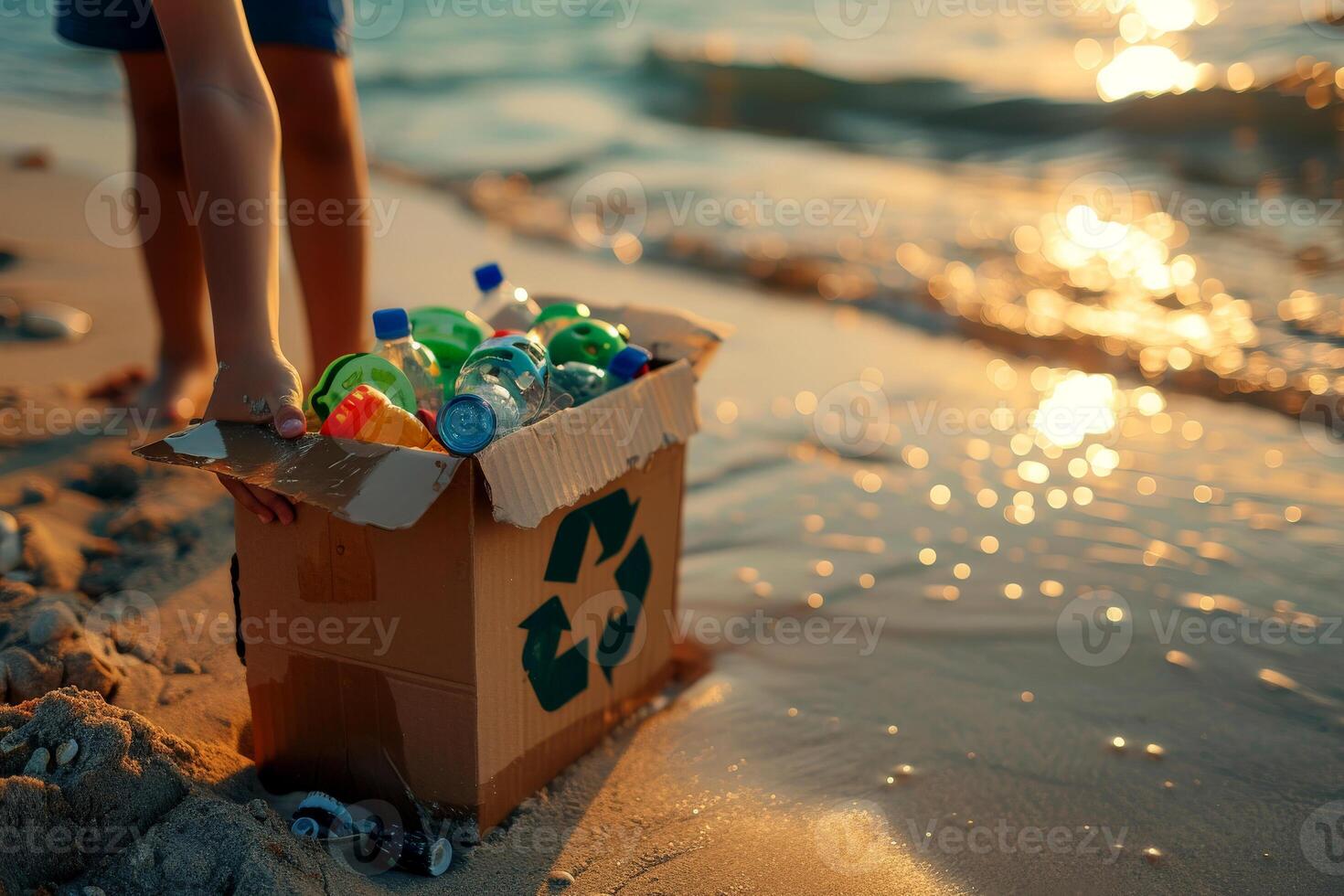 AI generated hands holding a recycling box filled with various recyclable items on beach ..Environment Day concept. Generative AI photo