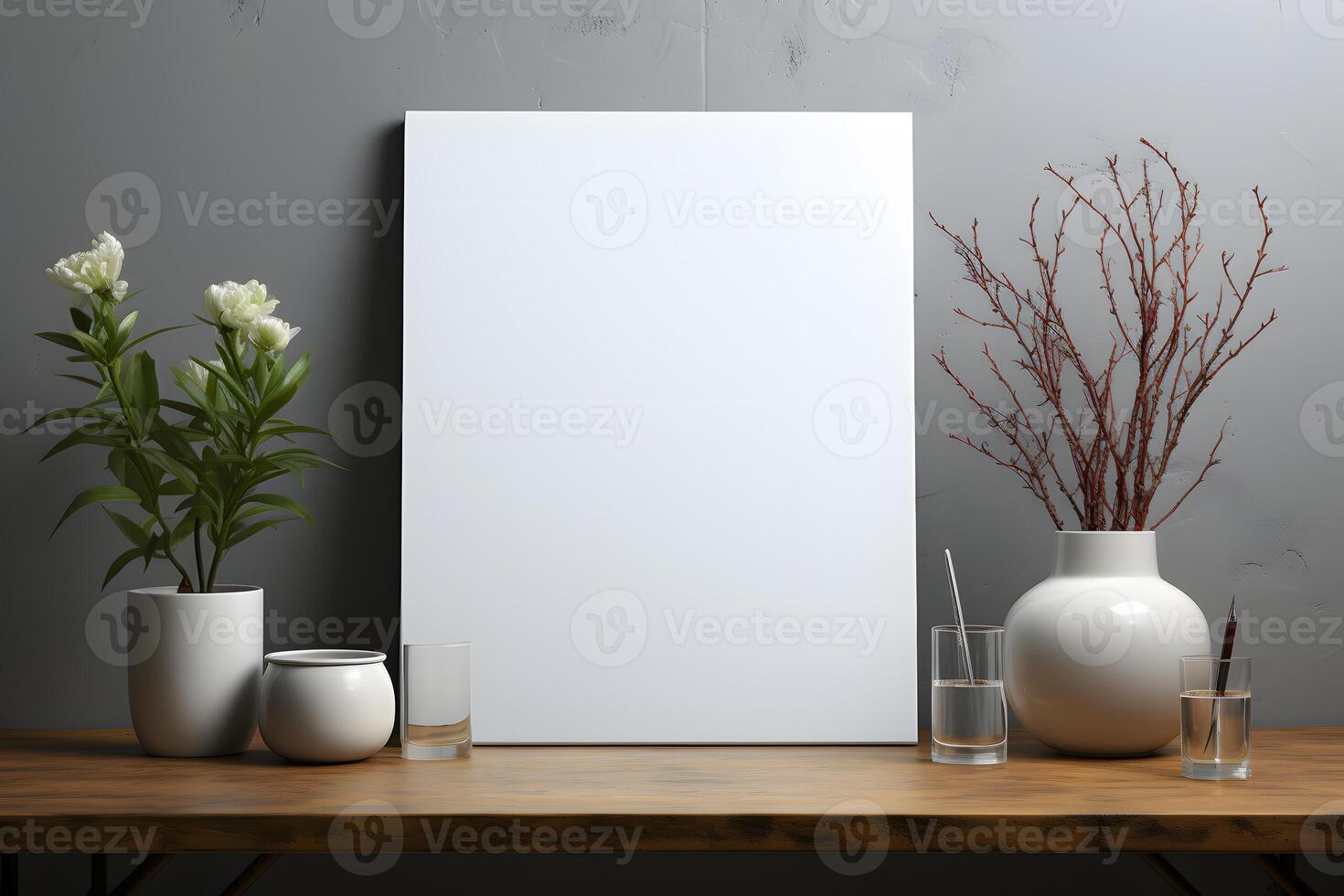 AI generated Blank White Poster Frame Mockup on the Wall. Empty Photo Frame. Generative Ai