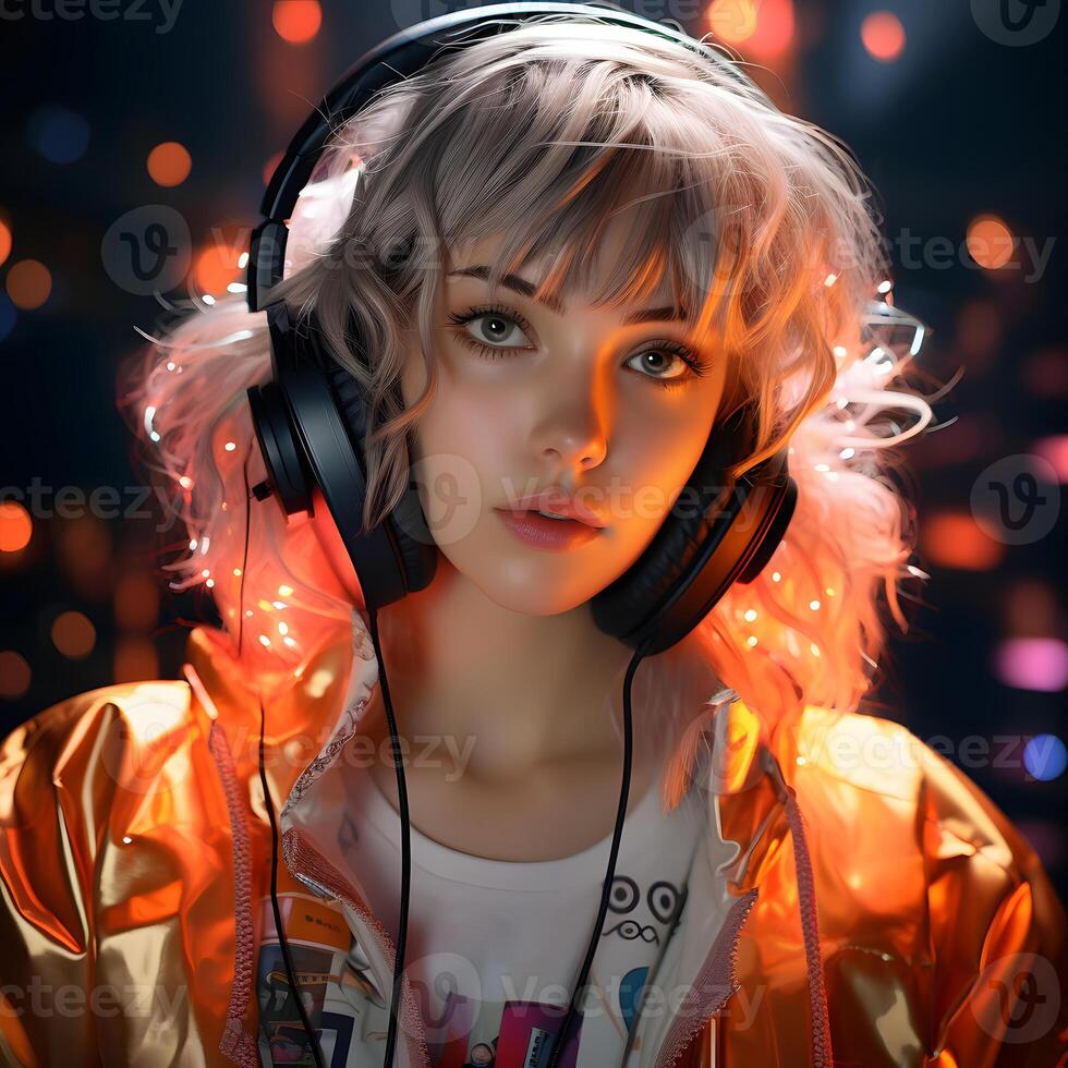 AI generated Cute Woman with Short Messy Hairstyle, Listening to Music. Colorful Art Illustration. Generative Ai photo