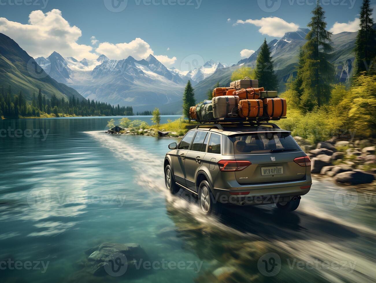 AI generated A happy family traveling by car with luggage on top of the car through the river bank. Holiday Illustration. Generative Ai photo