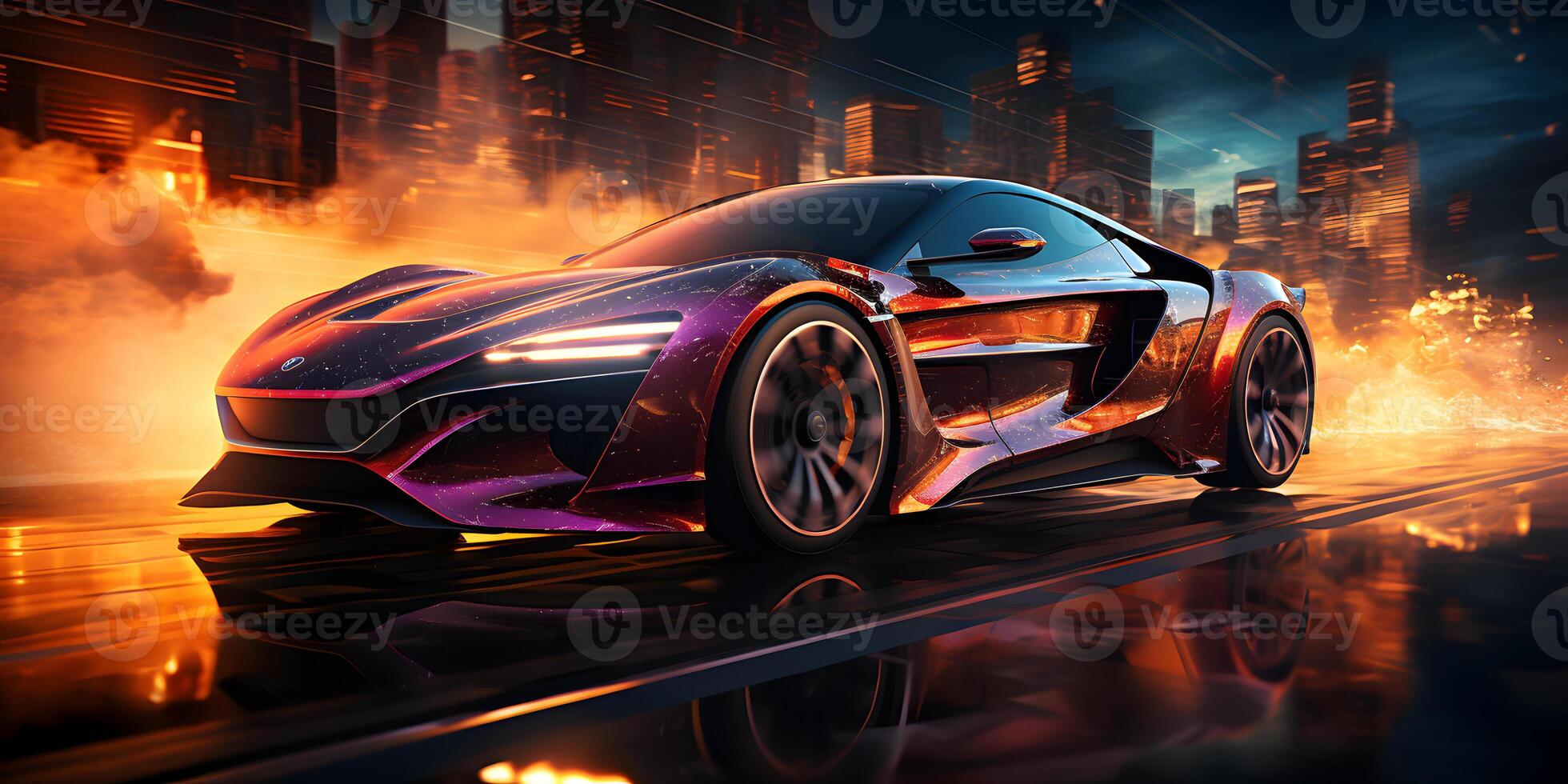 AI generated Futuristic Sport Car Drifting on Track with Light Trails Effect. Generative Ai photo