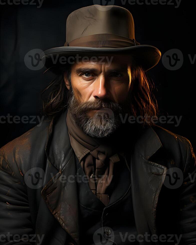 AI generated Portrait of a Bearded Old Cowboy Wearing a Hat against a Dark Background. Wild Western Man. Generative Ai photo