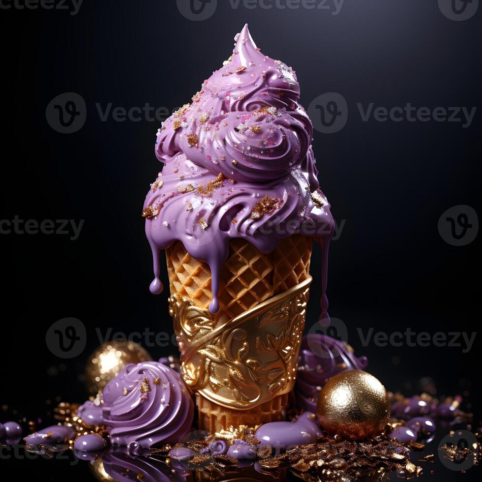 AI generated Purple Ice Cream with Gold Topping Isolated on Dark Background. Dripping and Melting Ice Cream. Generative Ai photo