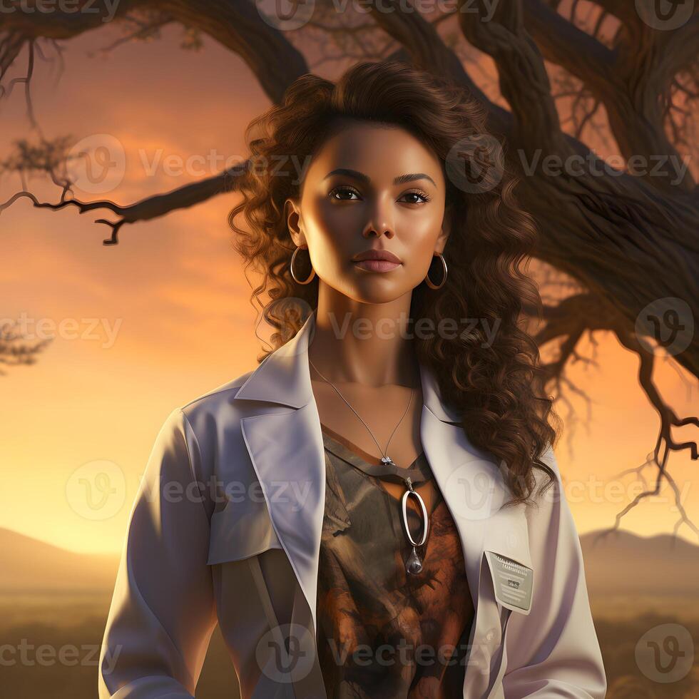 AI generated Portrait of an African Female Doctor in Uniform with Afro Hairstyle against a Tree Branch Background. Generative Ai photo