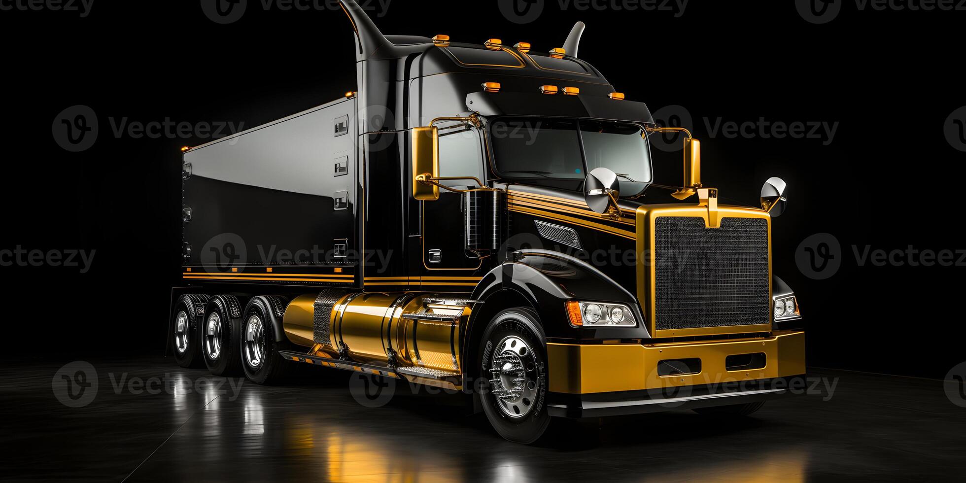ai generado lujo negro y oro semi camión en negro antecedentes. carga entrega camión. generativo ai foto