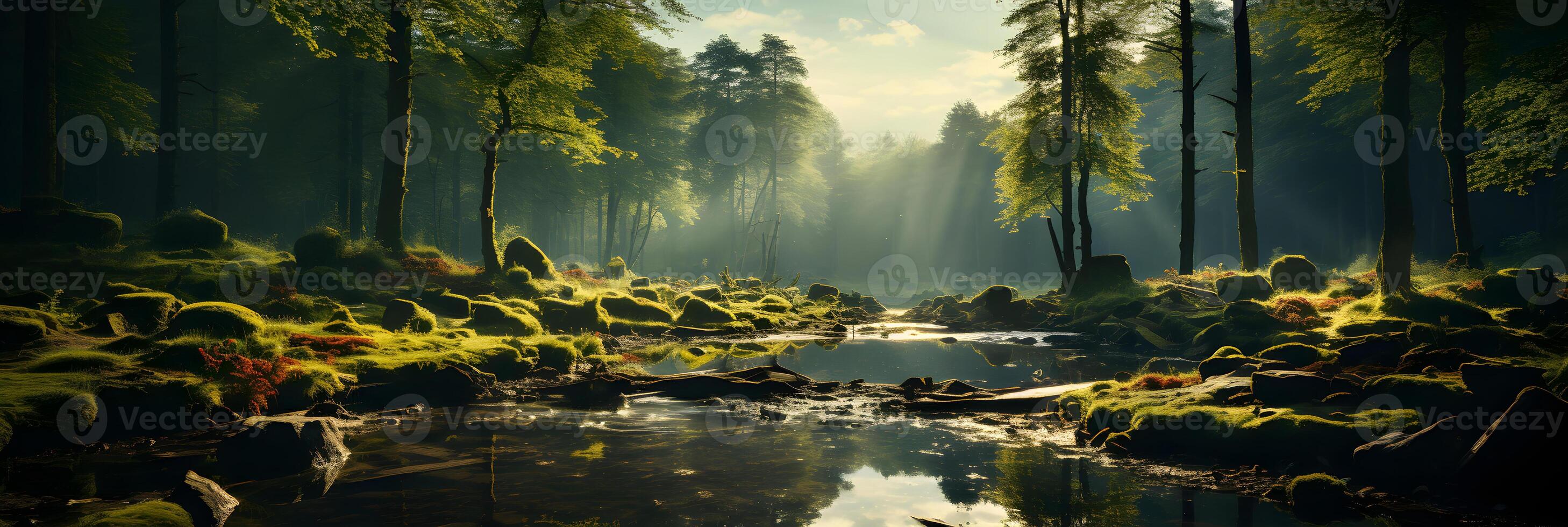 AI generated A Tranquil River in the Middle of the Forest with Penetrating Sunlight. Generative Ai photo