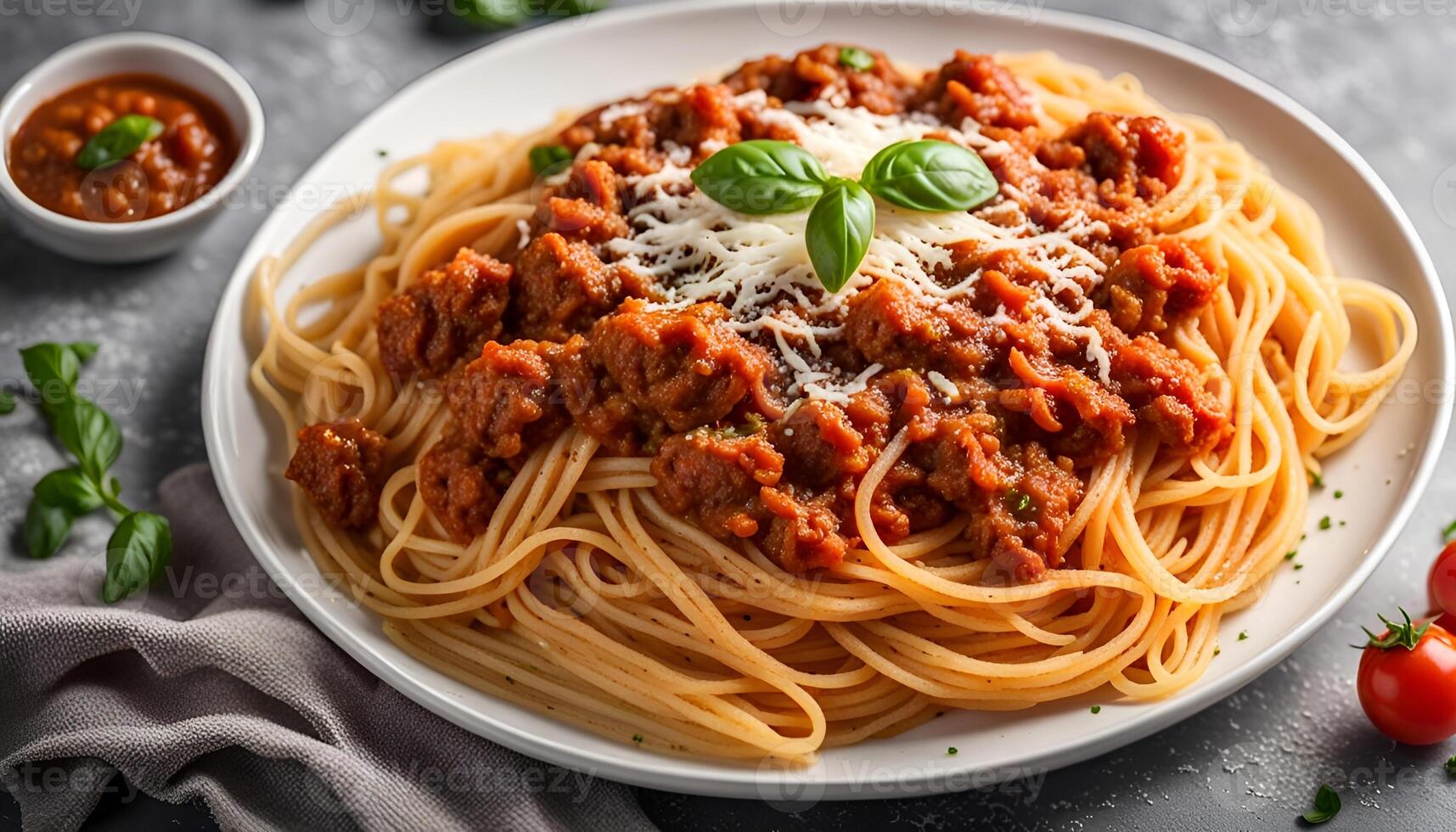 AI generated Pasta Spaghetti Bolognese in white plate on gray background. Bolognese sauce is classic italian cuisine dish. Popular italian food. photo