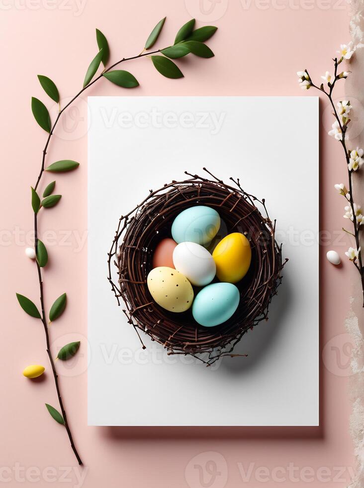 AI generated easter card with eggs, minimalistic easter card template, happy easter card, easter copyspace template photo