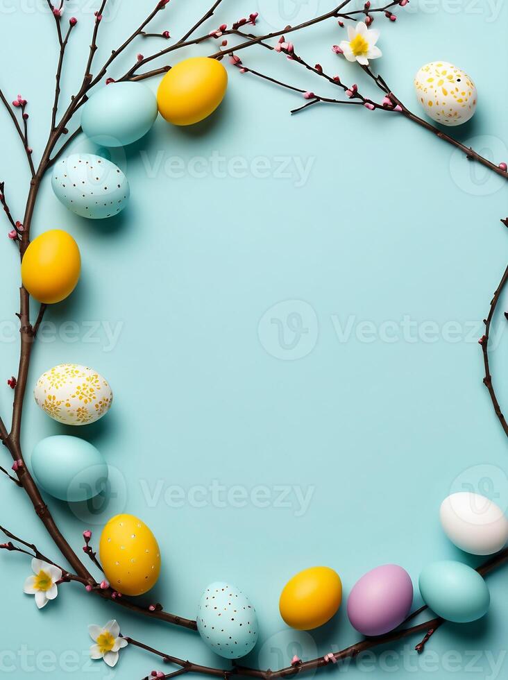 AI generated easter card with eggs, minimalistic easter card template, happy easter card, easter copyspace template photo
