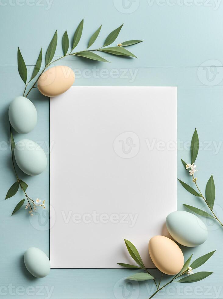 AI generated easter card with eggs, minimalistic easter card template, happy easter card, easter copyspace template photo