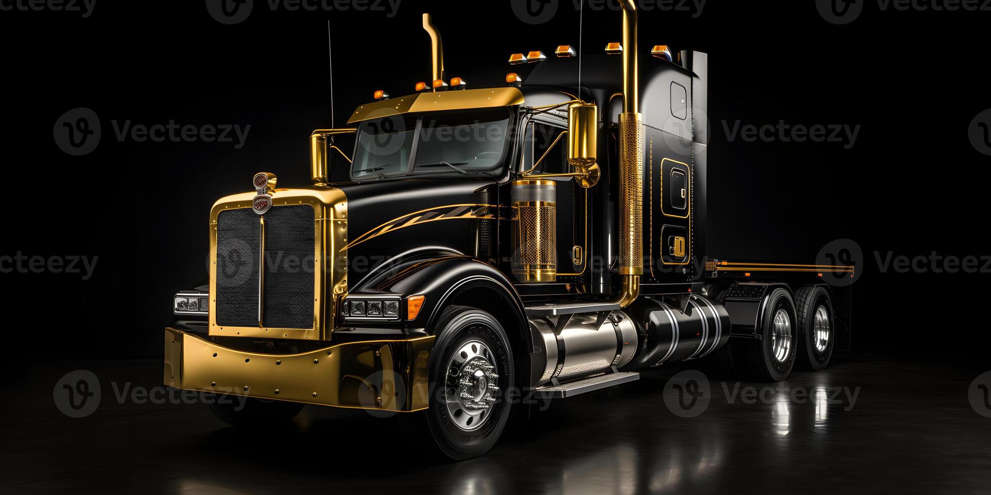 AI generated Luxury Blackk and Gold Semi Truck on Black Background. Cargo Delivery Truck. Generative Ai photo