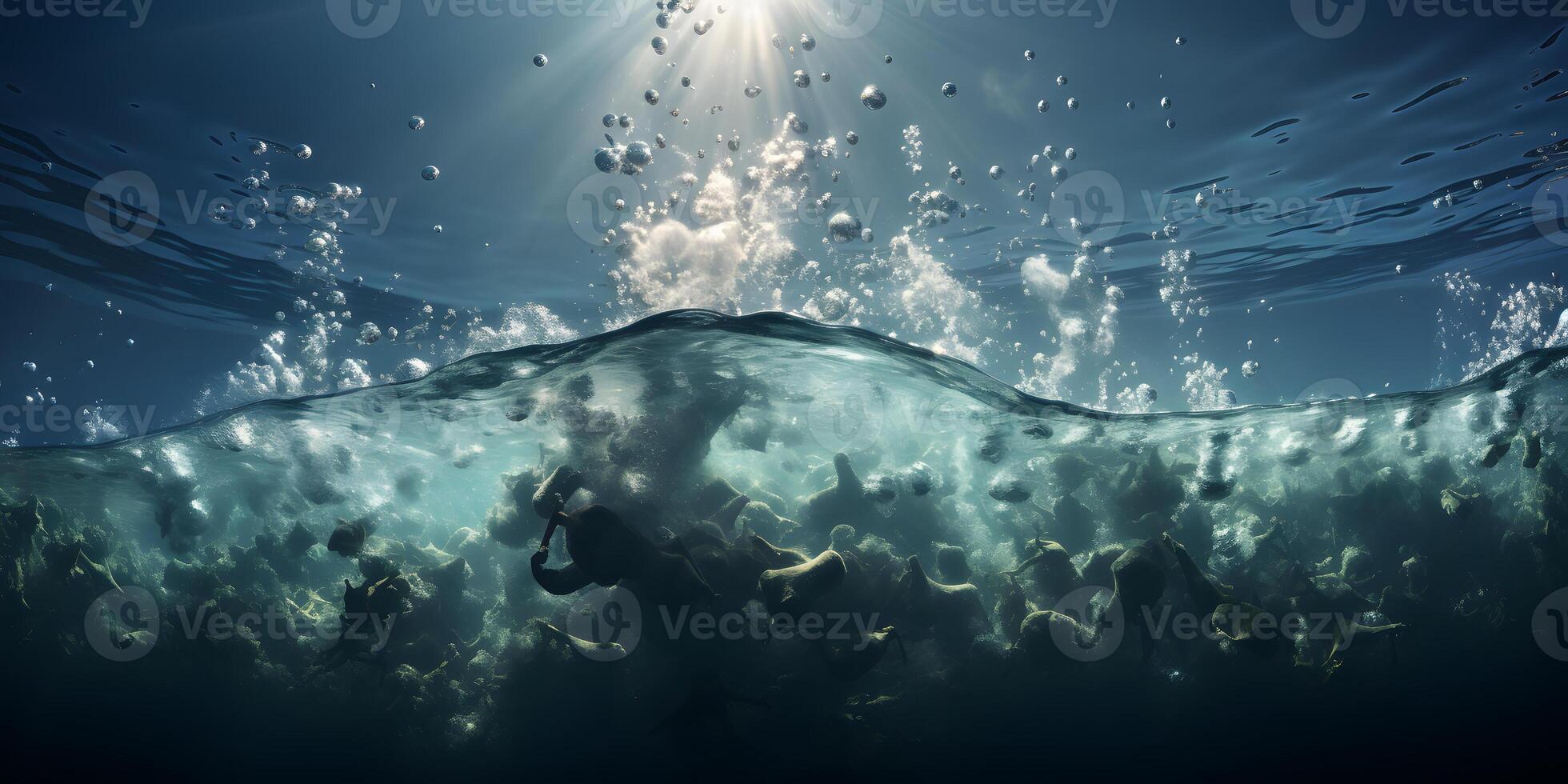 AI generated Deep and Dark Ocean with Sun Rays Reaching the Rocky Seabed. Underwater Scene. Generative Ai photo