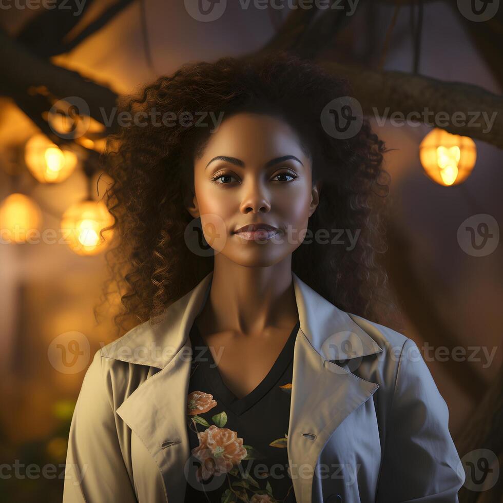 AI generated Portrait of an African Female Doctor in Uniform with Afro Hairstyle against a Tree Branch Background. Generative Ai photo