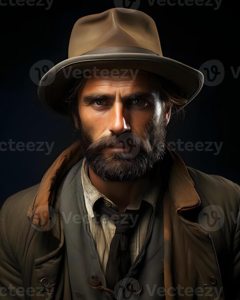 AI generated Portrait of a Bearded Old Cowboy Wearing a Hat against a Dark Background. Wild Western Man. Generative Ai photo