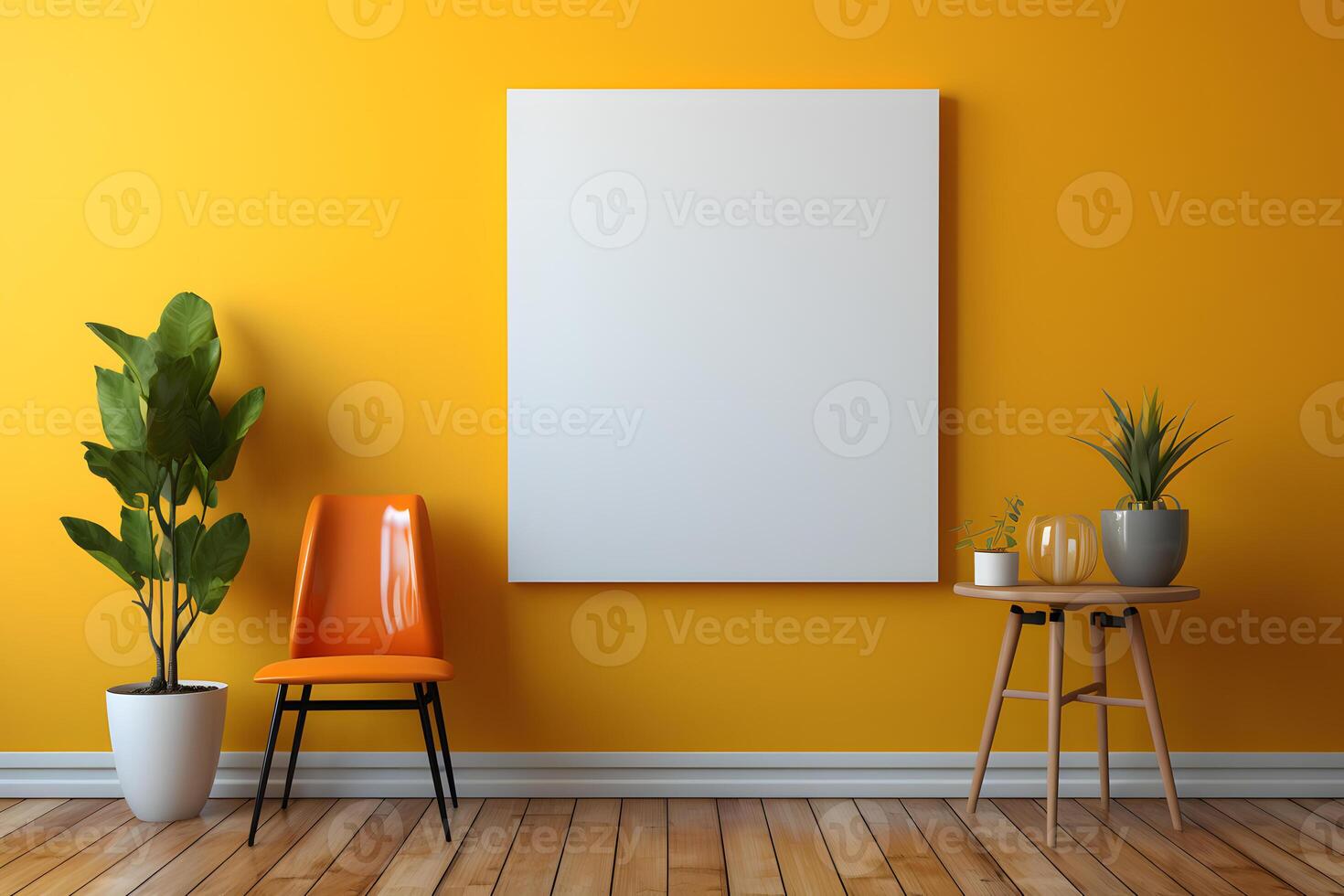 AI generated Blank Photo Frame Mockup on Yellow Wall with Plant Decoration. Empty Poster Frame. Generative Ai
