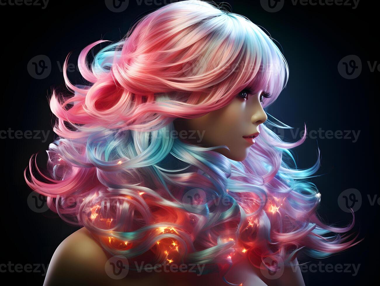 AI generated A Woman with Beautiful Colorful Wavy Hair. Generative Ai photo