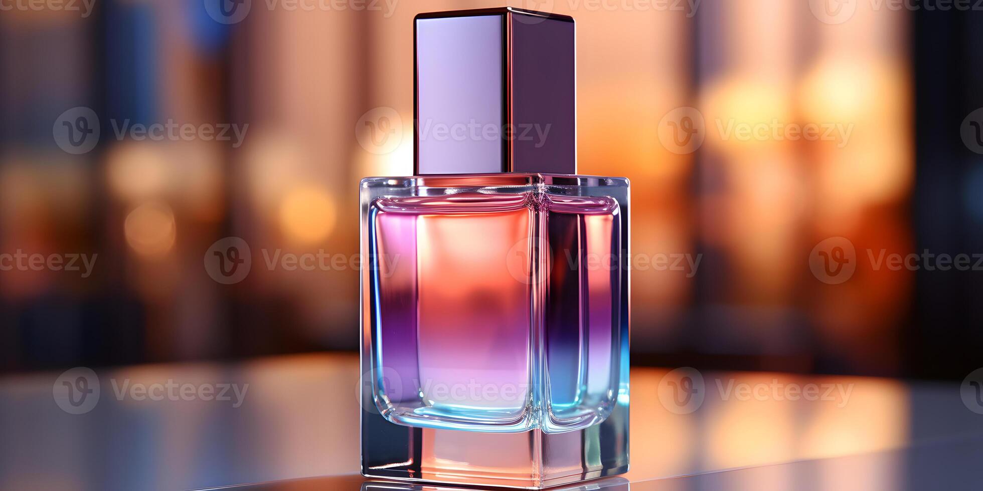 AI generated Exotic Perfume Bottle Design with Colorful Liquid Inside on Gradient Background. Generative Ai photo