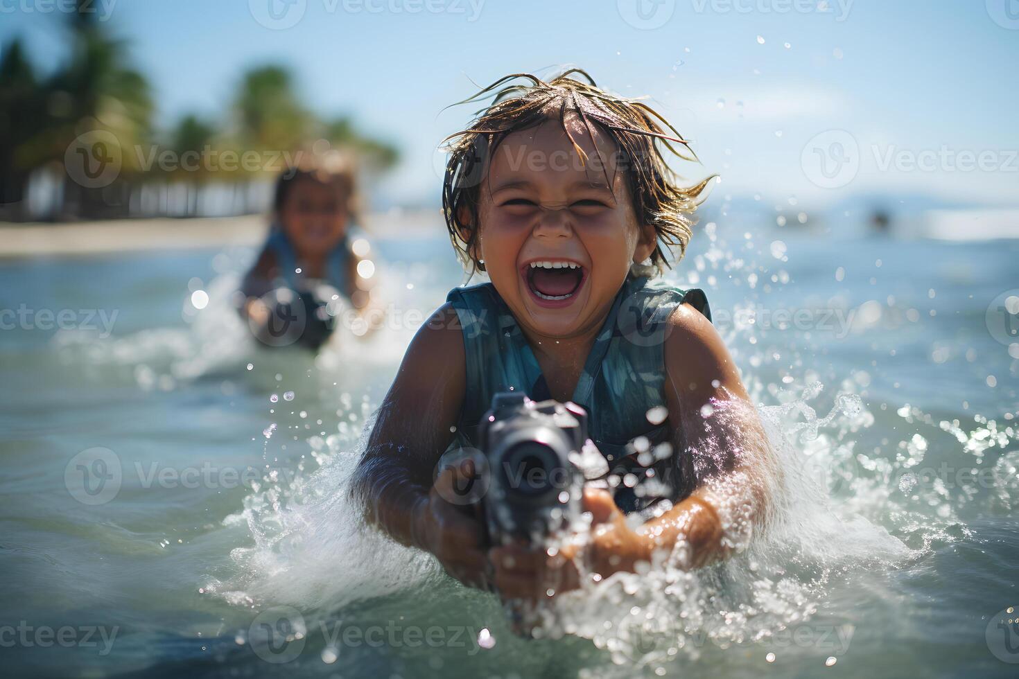 AI generated Happy and Cheerful Child Playing Water Gun. Generative Ai photo