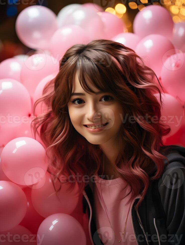 AI generated Portrait of Young and Cute Woman with Pink Balloons in the Background. Generative Ai photo