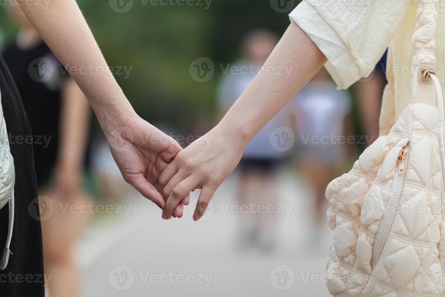 lgbtq couples openly walk hand in hand down street to show lgbtq rights and freedoms of love for each other. lgbtq couples walk hand in hand down street show their love and friendship for each other photo