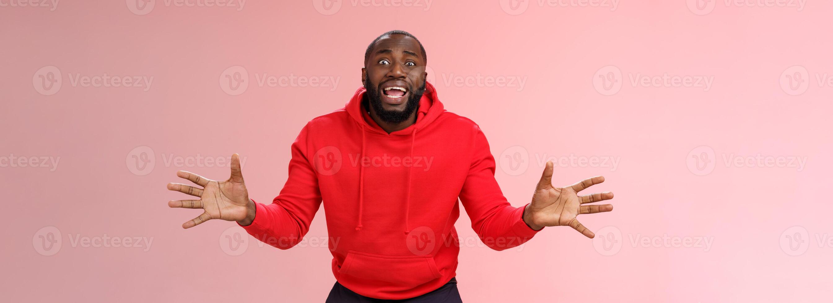Please no not my games. Portrait shocked devastated panicking young bearded african american guy begging girlfriend not delete favorite app widen eyes yelling supplicating gesturing hands upset photo