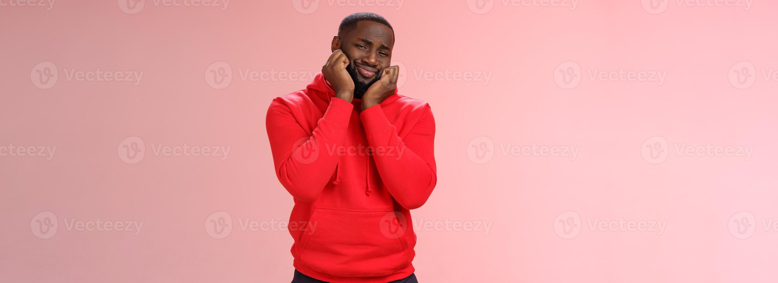 Guy heart melting from cuteness and lovely scene, folding lips silly gay lean head palms look touched impressed gazing beautiful kitten heartwarming scene, standing pink background delighted photo