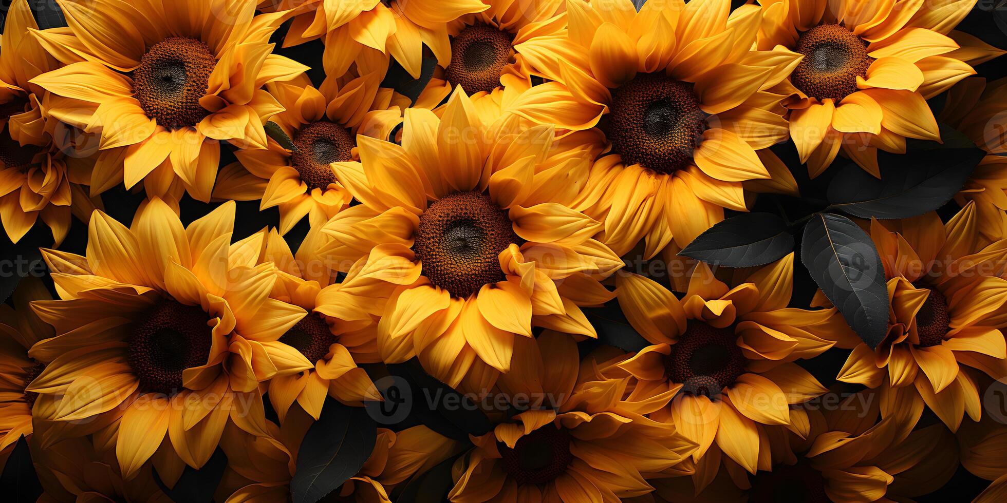 AI generated Top View of Sunflowers Background. A Group of Yellow Sunflowers. Generative Ai photo