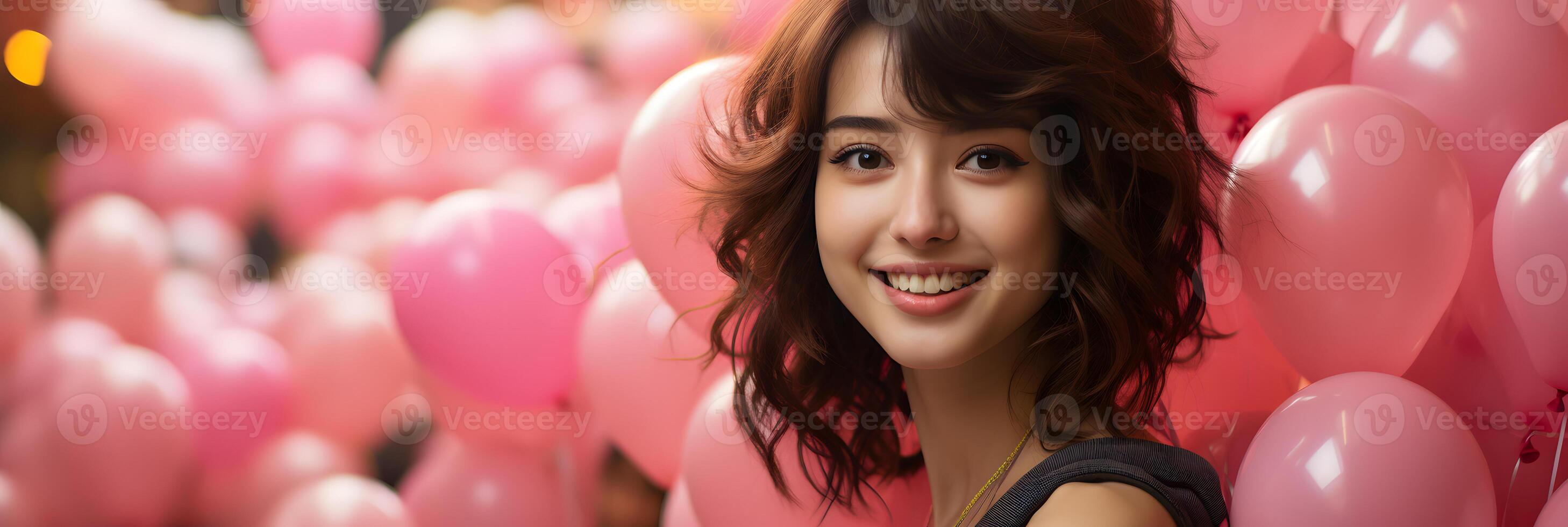 AI generated Portrait of Young and Cute Woman with Pink Balloons in the Background. Generative Ai photo