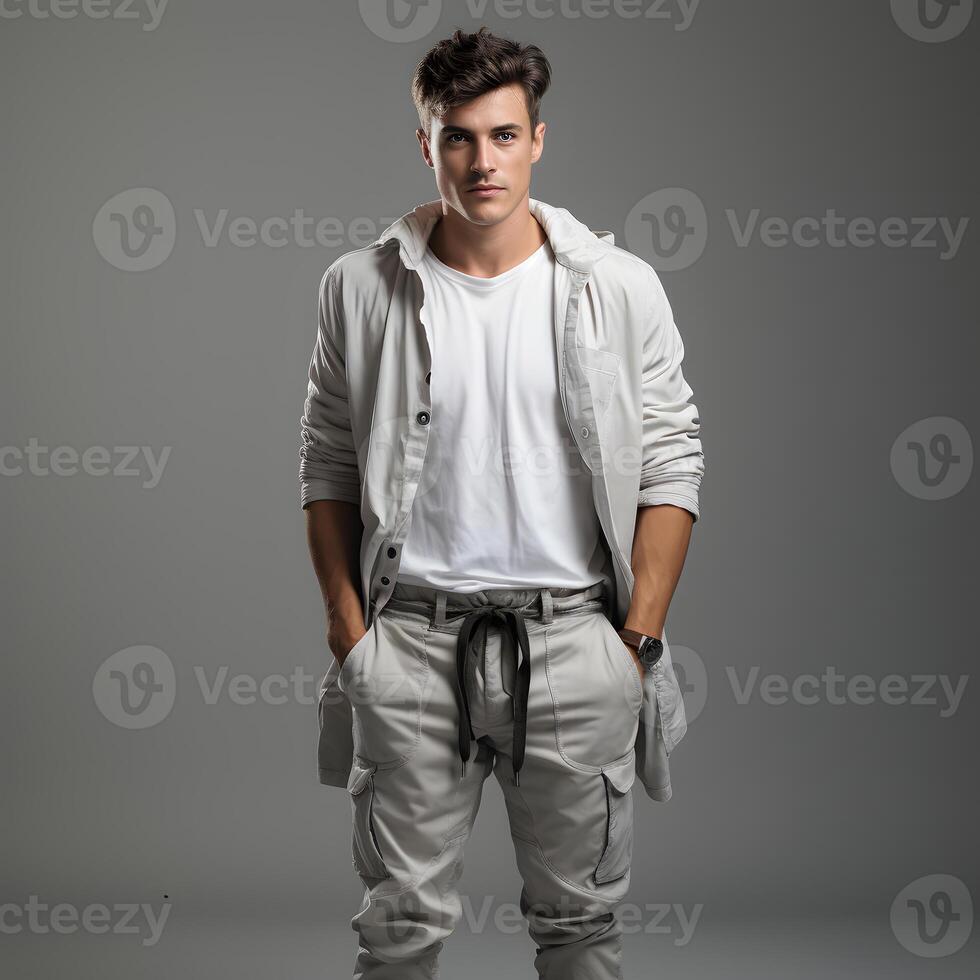 AI generated Man in Casual Gray Shirt and Trousers, Posing with Hands in Pants Pockets on Studio Background. Male Model. Generative Ai photo