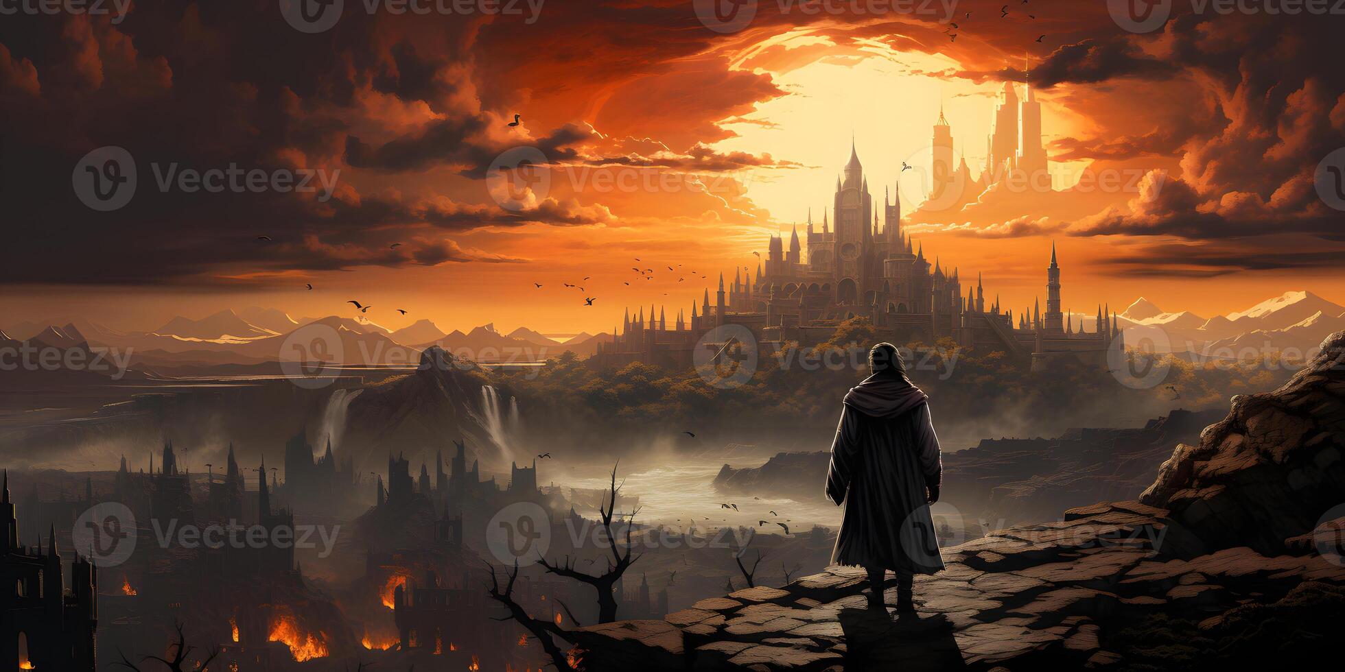 AI generated A Man Stands and Stares at a Castle at Sunset. Generative Ai photo