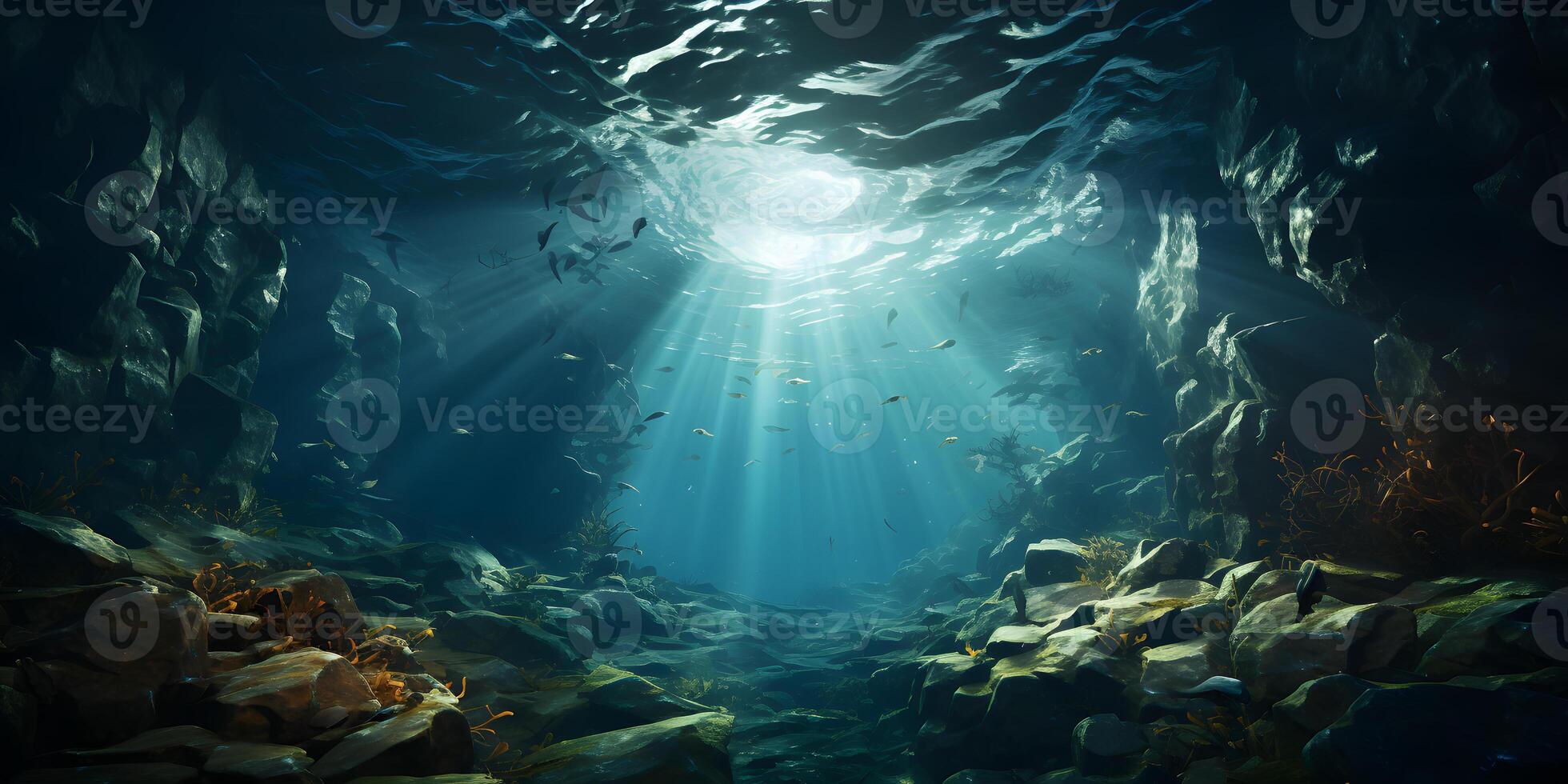 ai generado profundo y oscuro Oceano con Dom rayos alcanzando el rocoso fondo del mar. submarino escena. generativo ai foto