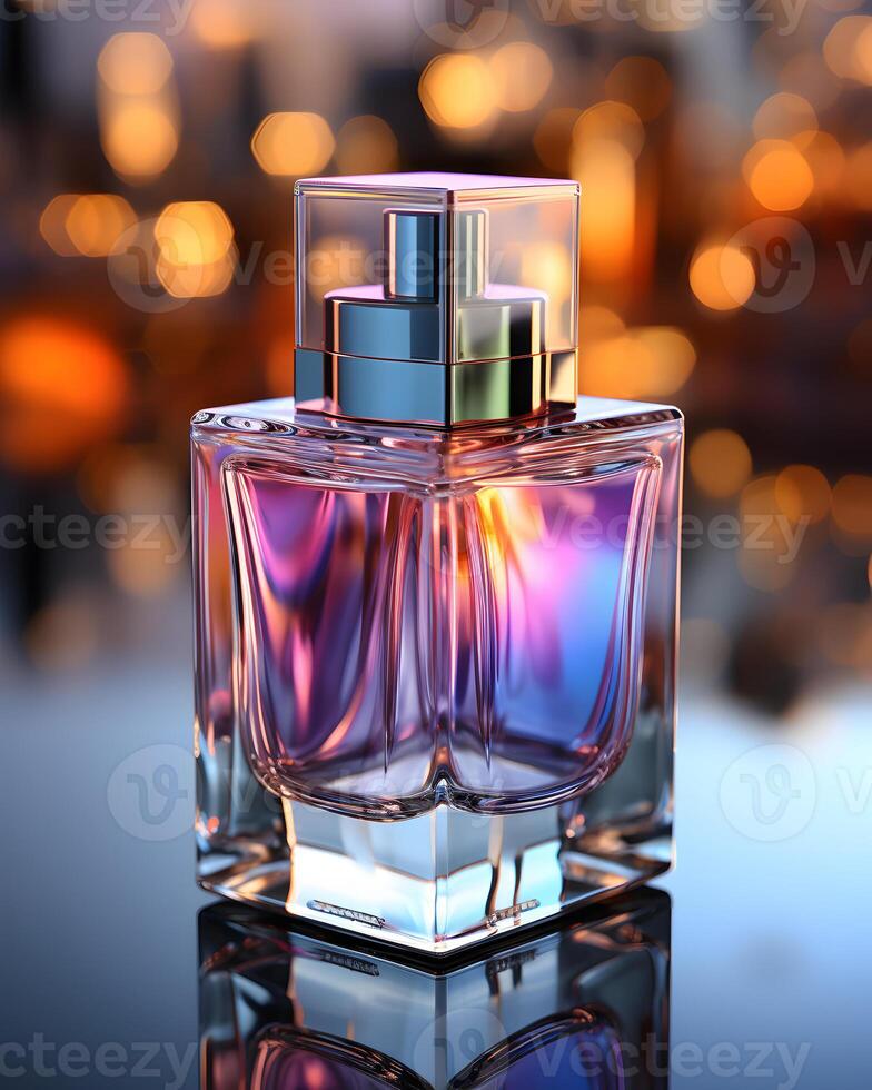 AI generated Exotic Perfume Bottle Design with Colorful Liquid Inside on Gradient Background. Generative Ai photo