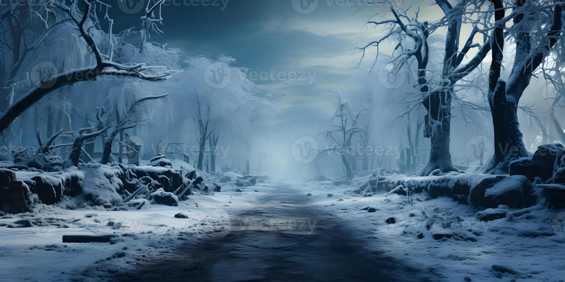 AI generated Snowy Forest with Pathway. Winter Landscape. Fairy Tale Illustration. Generative Ai photo
